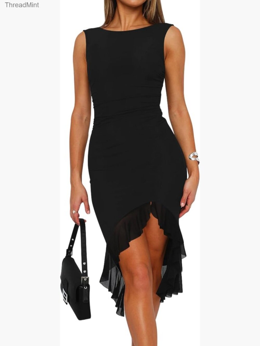 Sleeveless Backless Ruched Bodycon Midi Dress Ruffle Hem Cocktail Party